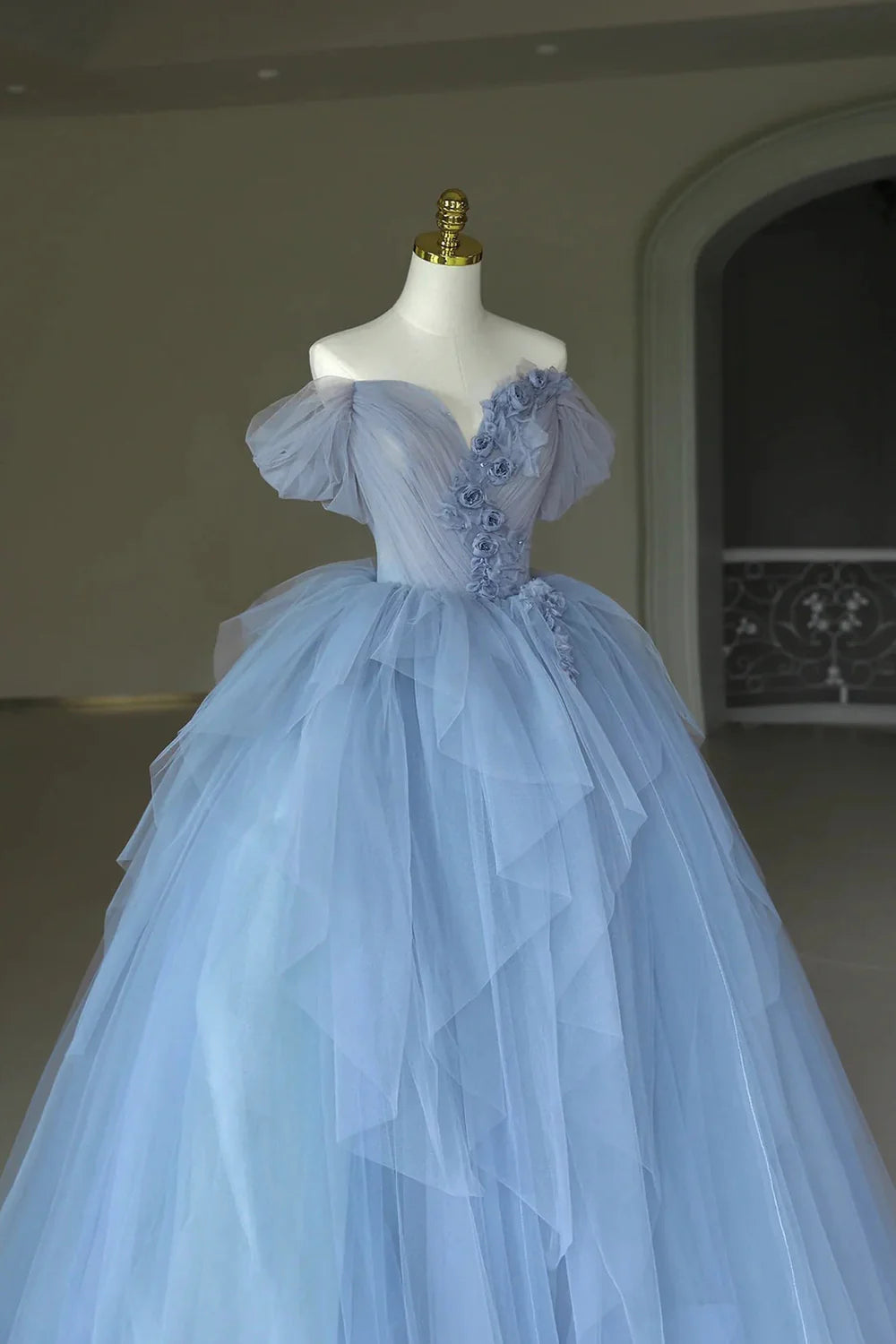 A-Linie, schulterfrei, 3D-Blumen, Tüll, bodenlang, Ballkleid, Abendkleid